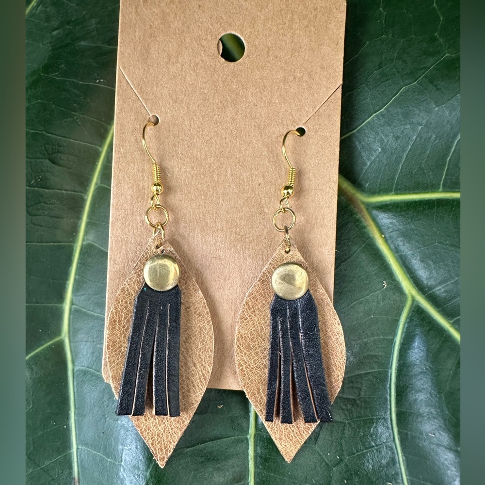 New! Handmade Leather Fringe Earrings Black and Tan